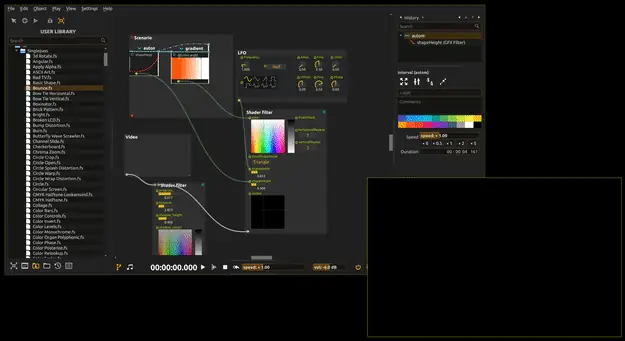 Switching between the timeline and the nodal view in ossia score